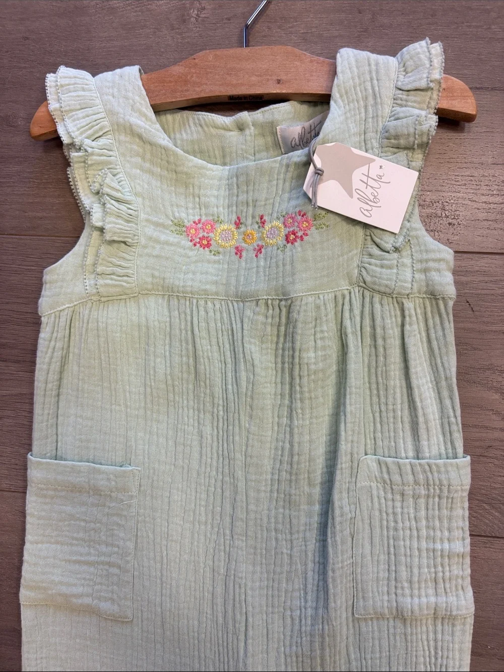 NWT Albetta Girls' Green gauzy Muslin Romper
